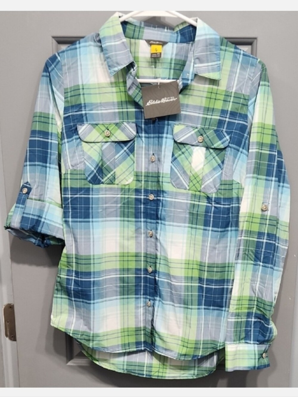 NWUT Eddie Bauer Travex Mountain Mosaic Blue Green Plaid Button Down Shirt XS